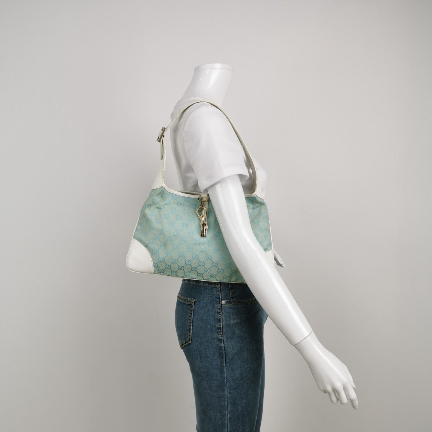 Gucci Jackie   Blue Nylon White Leather Shoulder Bag Medium