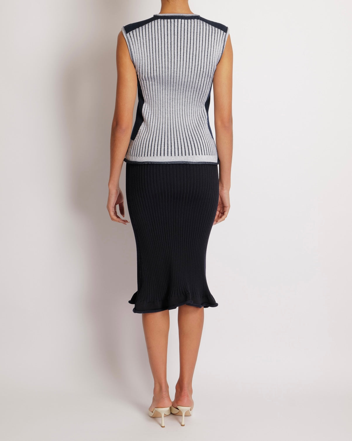 *RUNWAY* Louis Vuitton Fall 2015 Navy and White Knit Crystal Embellished Top and Skirt Set Size S/L (UK 8/12)