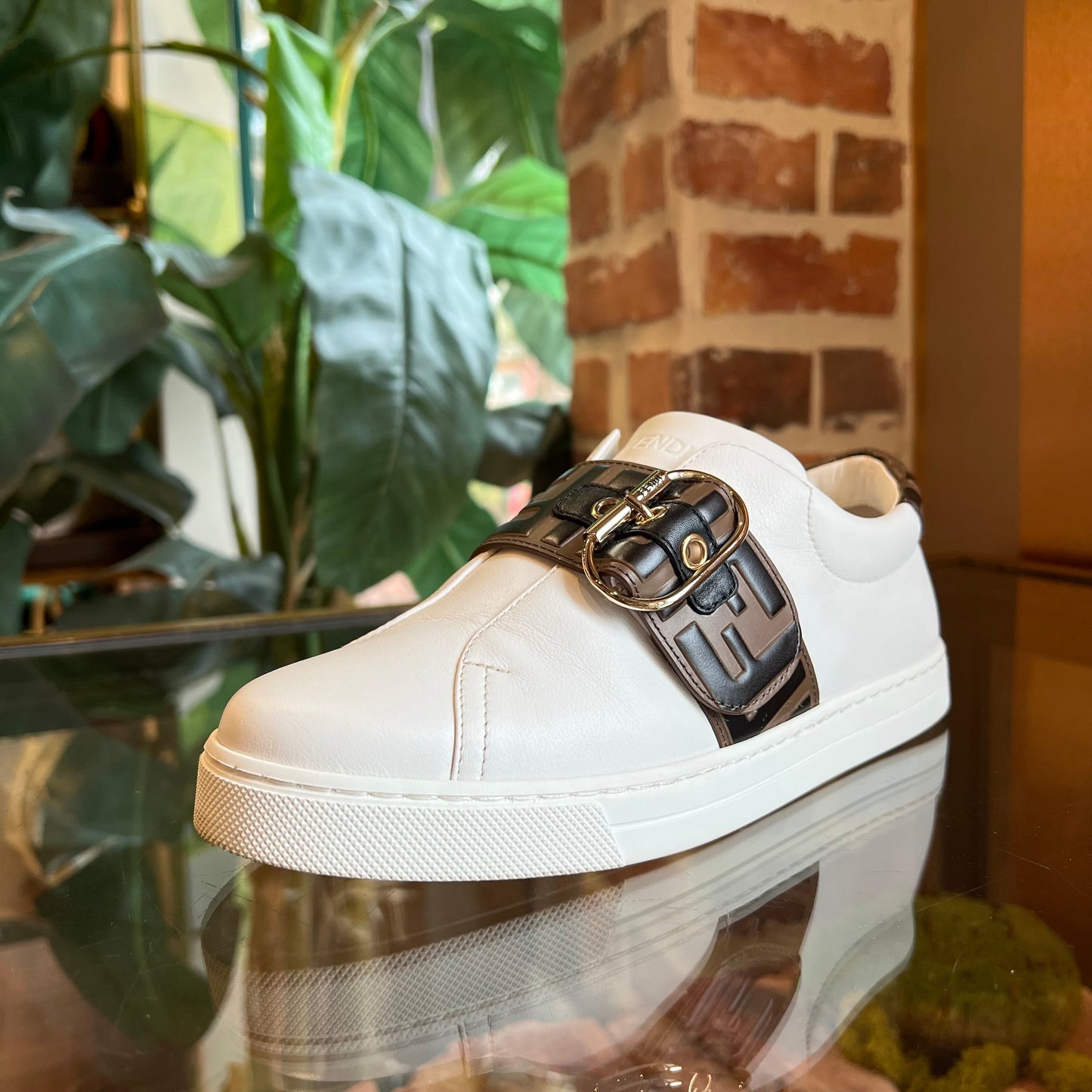 FENDI White Brown FF Zucca Embossed Leather Sneakers SZ36(6US)