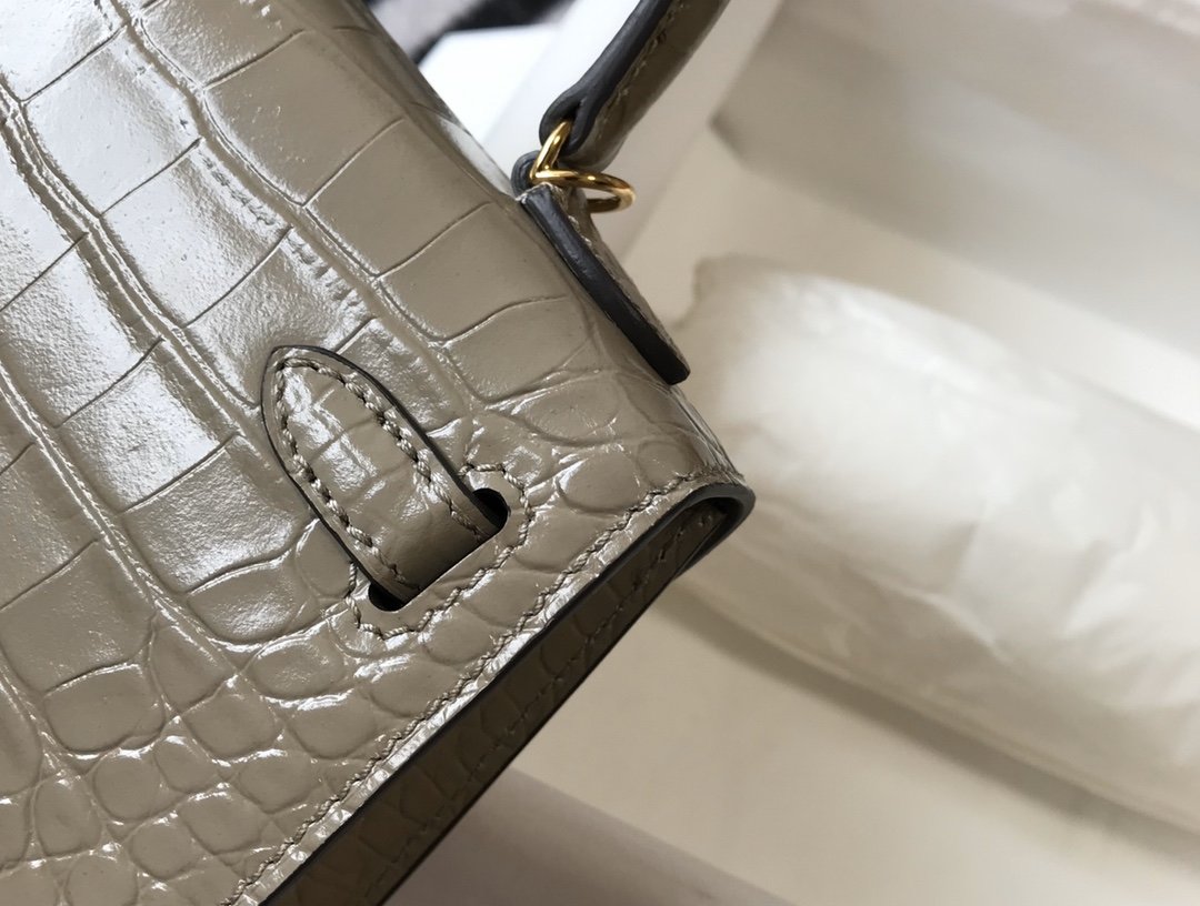 Top Quality Mini Kelly 19 Embossed Patent Light Grey Bag With Gold-Toned Harware For Women, Handbags, Shoulder Bags 7.5in/19cm