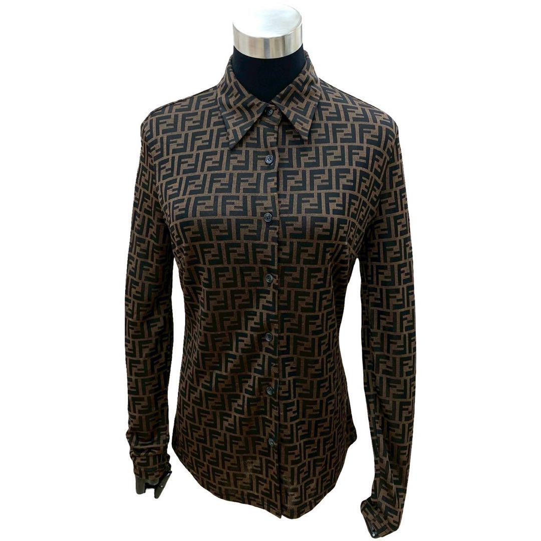 FENDI Long sleeve shirt Rayon, Nylon, Polyester Brown Zucca FF Pattern Women