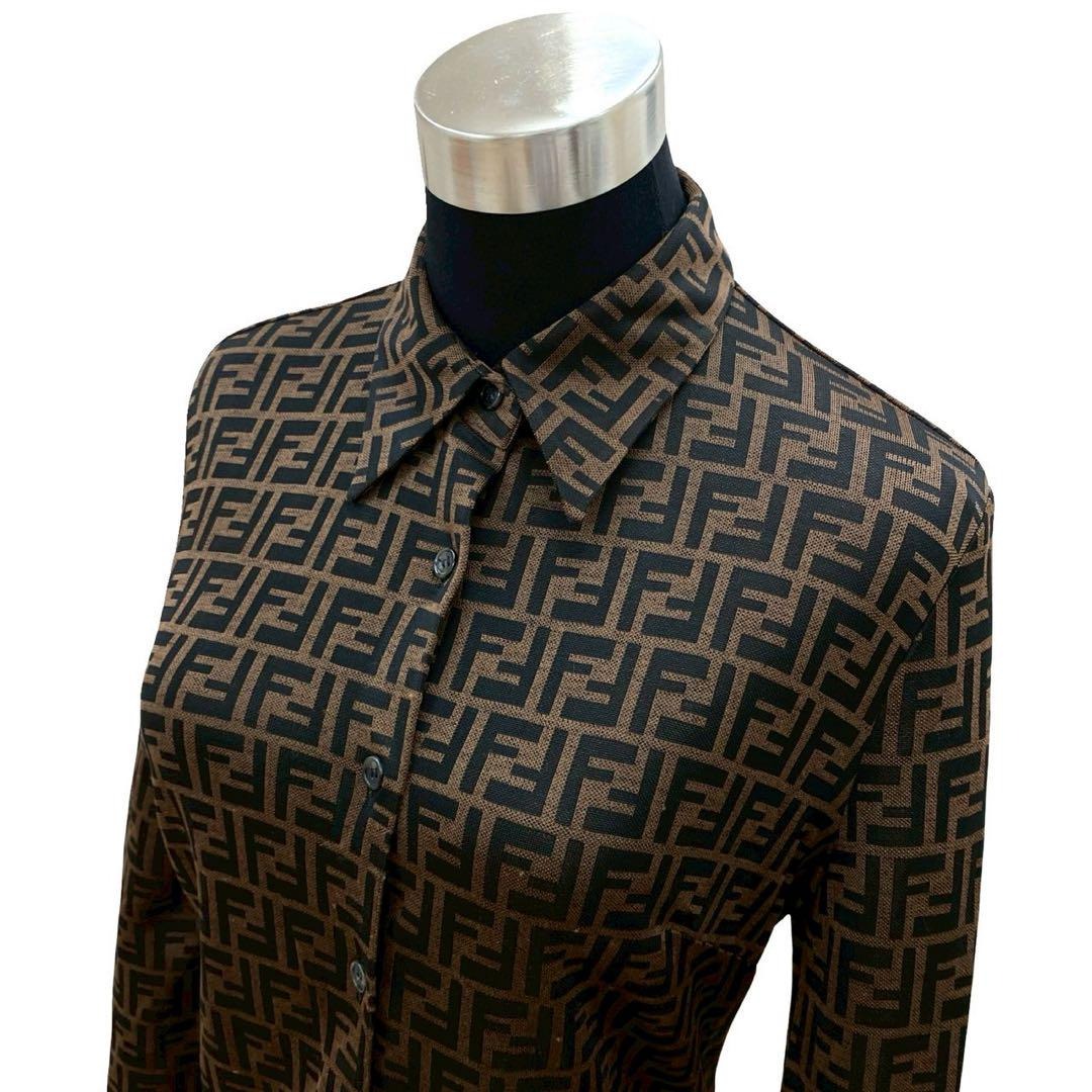 FENDI Long sleeve shirt Rayon, Nylon, Polyester Brown Zucca FF Pattern Women