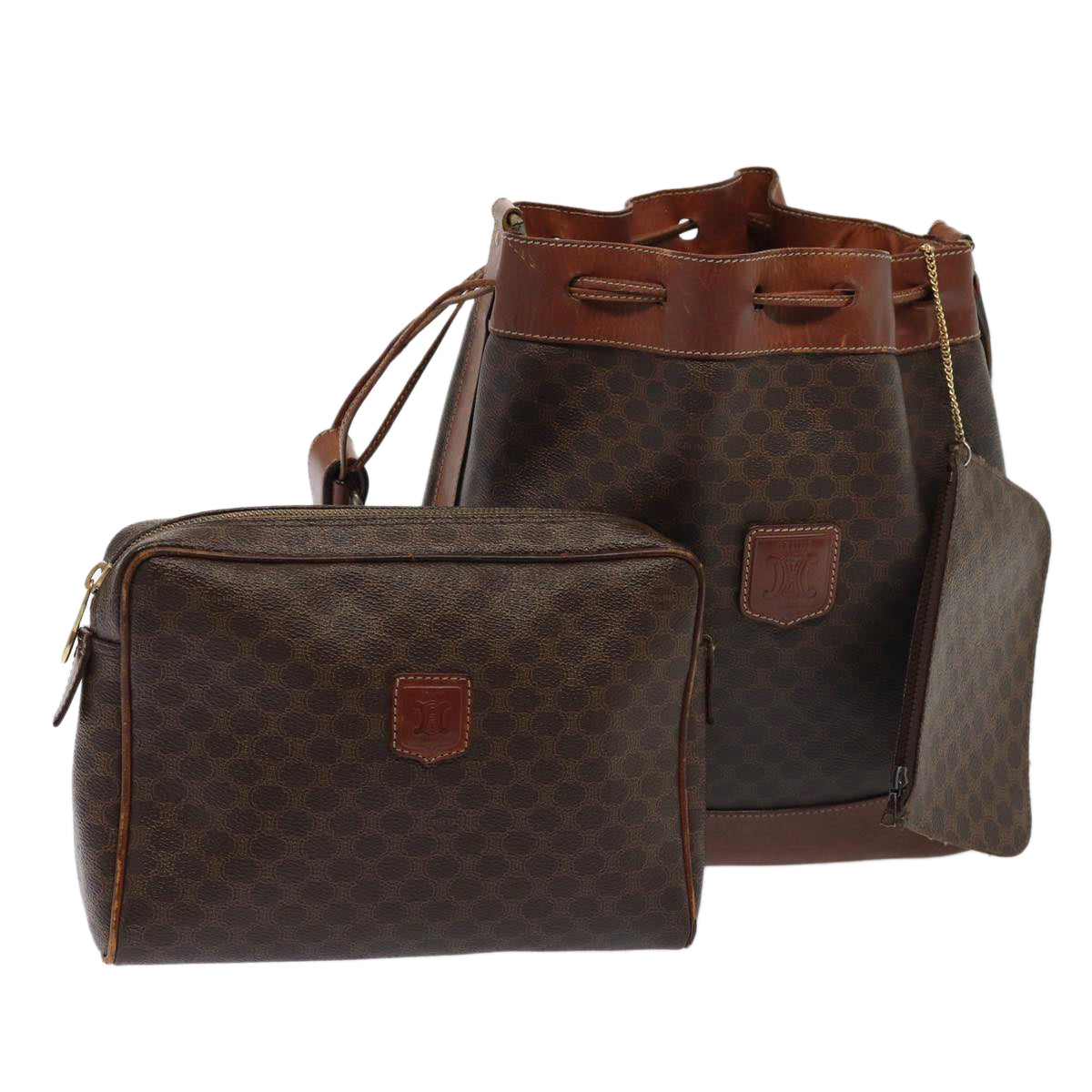 Luxury CELINE Macadam Canvas Clutch Bag Shoulder Bag PVC Leather 2Set Brown  81986
