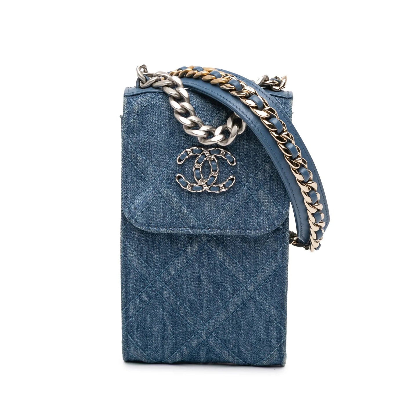 Blue Chanel Denim 19 Phone Holder with Chain Satchel