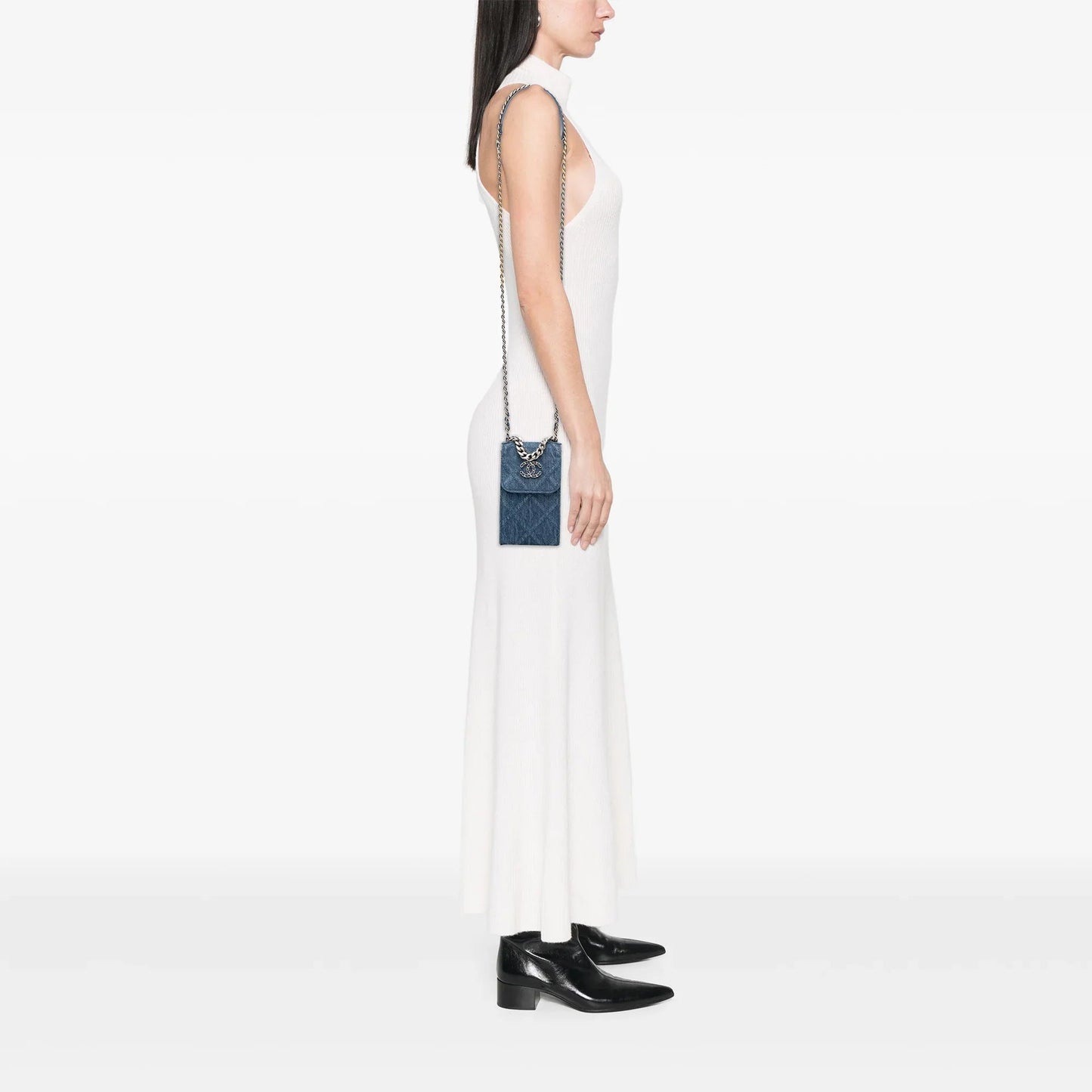 Blue Chanel Denim 19 Phone Holder with Chain Satchel