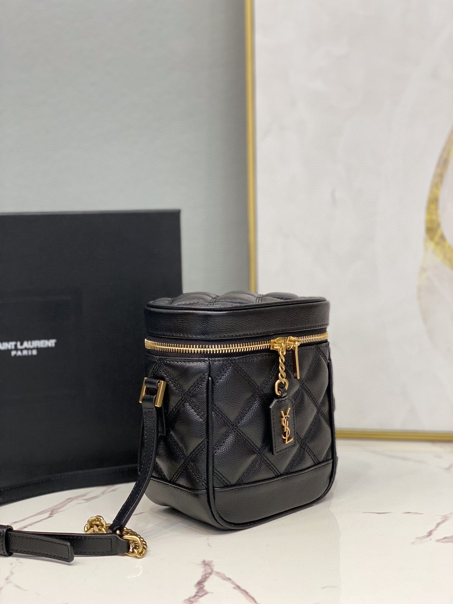 YSSL 80’s Vanity Bag In Carré-Quilted Grain De Poudre Black For Women 6in/16.5cm YSL 649779DME271000