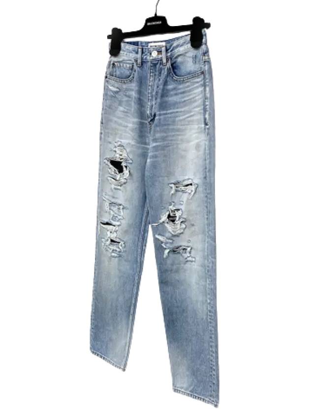 Luxury Balenciaga Trending 2025 WoMen's Distressed Denim Straight Jeans   Blue