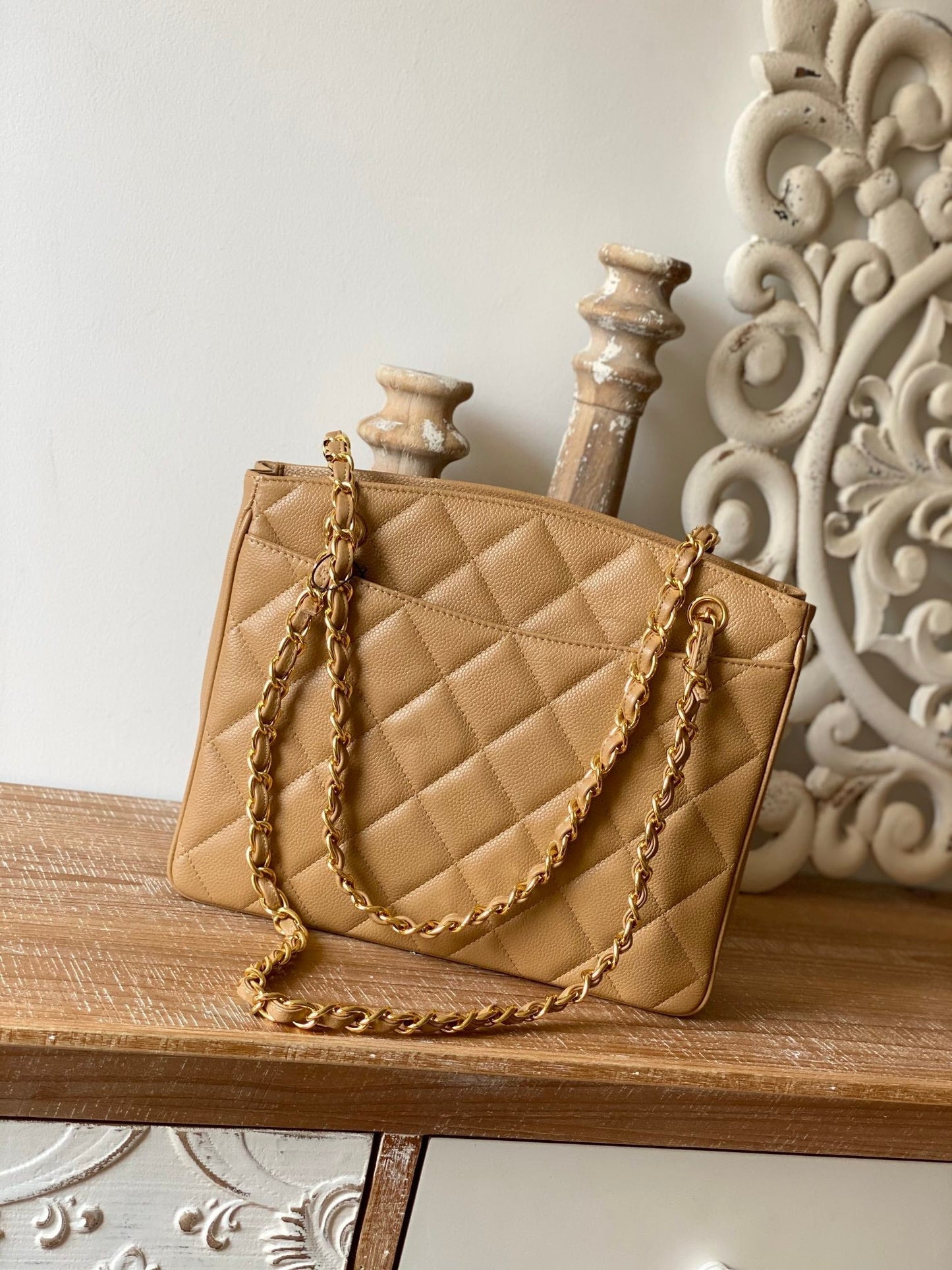 CHL Beige Medium Quilted Caviar Tote Bag For Women 28cm/11in