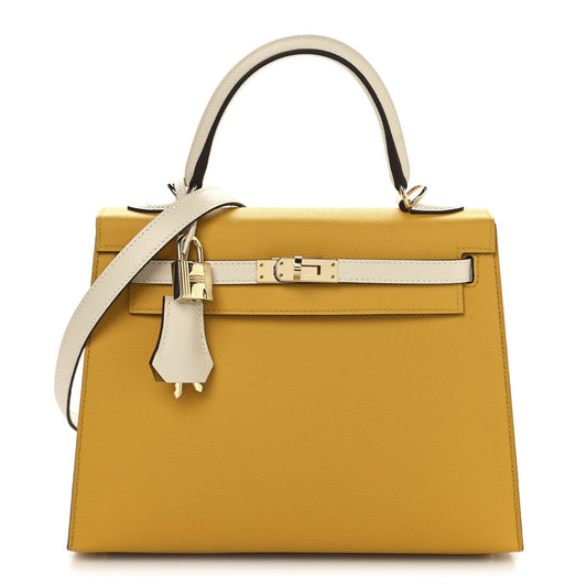 Hermes Epsom Bi-Color Horseshoe Kelly Sellier 25 Jaune Ambre Craie