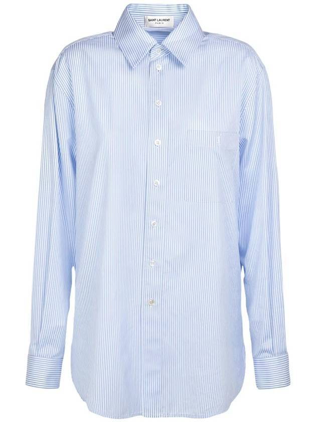 Luxury Saint Laurent Trending 2025 Striped Cotton Poplin Monogram Long Sleeve Shirt Blue