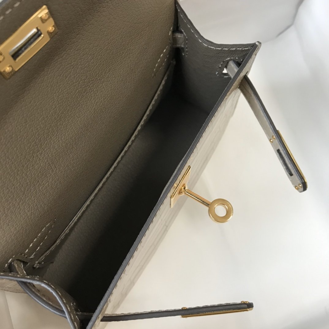 Top Quality Mini Kelly 19 Embossed Patent Light Grey Bag With Gold-Toned Harware For Women, Handbags, Shoulder Bags 7.5in/19cm