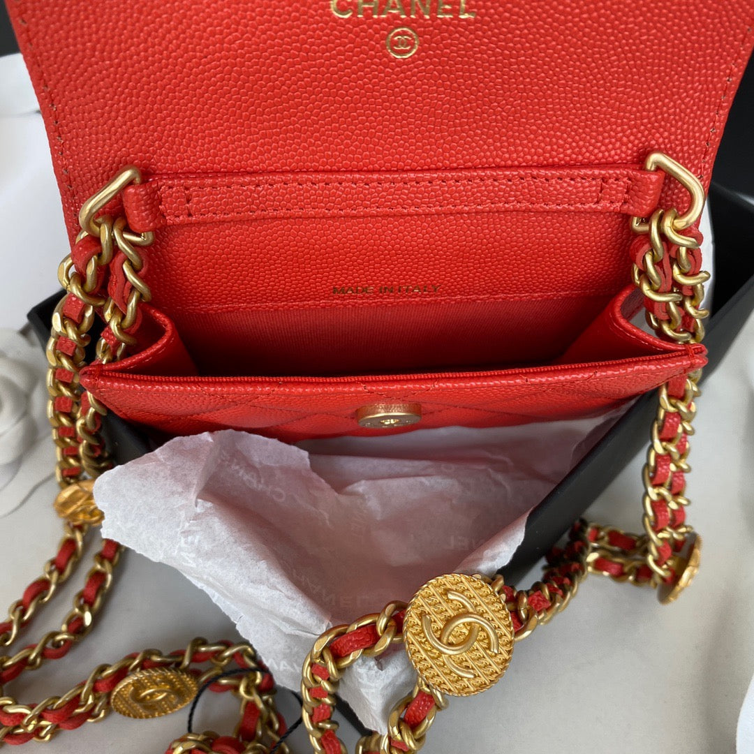 CHL Clutch With Chain Gold Hardware Grained Shinny Red For Women, Women’s Handbags, Shoulder Bags 4.7in/12cm AP2857