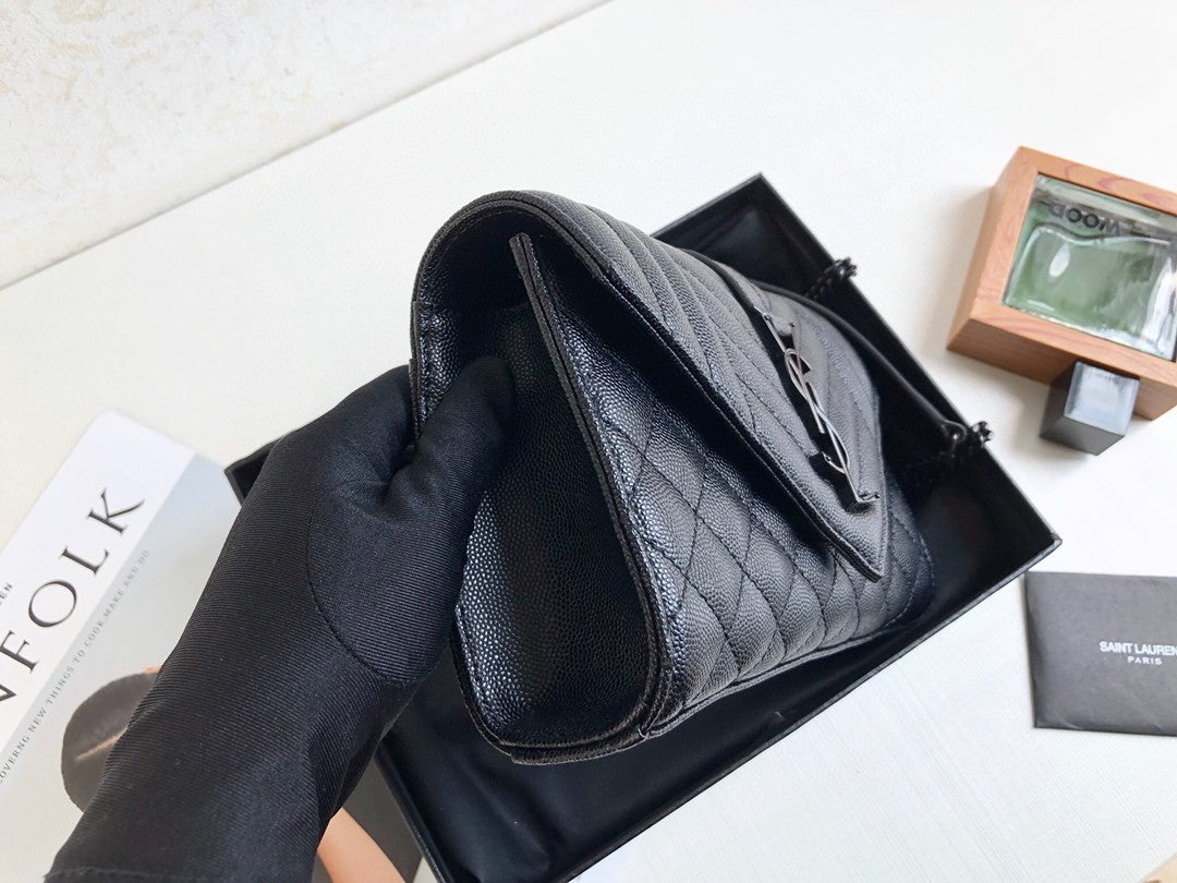 YSSL Envelope Small Bag In Mix Matelassé Grain De Poudre Black For Women 8in/21cm YSL 600195BOW981000