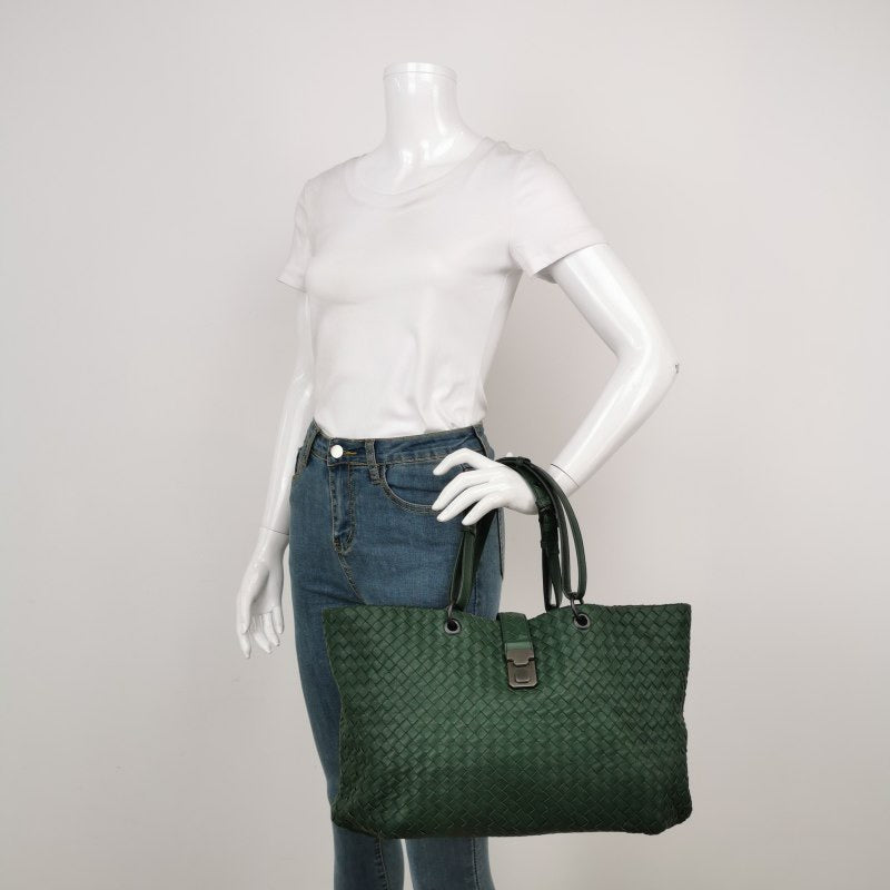 Bottega Veneta Roma Tote Intrecciato Lambskin Leather Dark Green 40cm