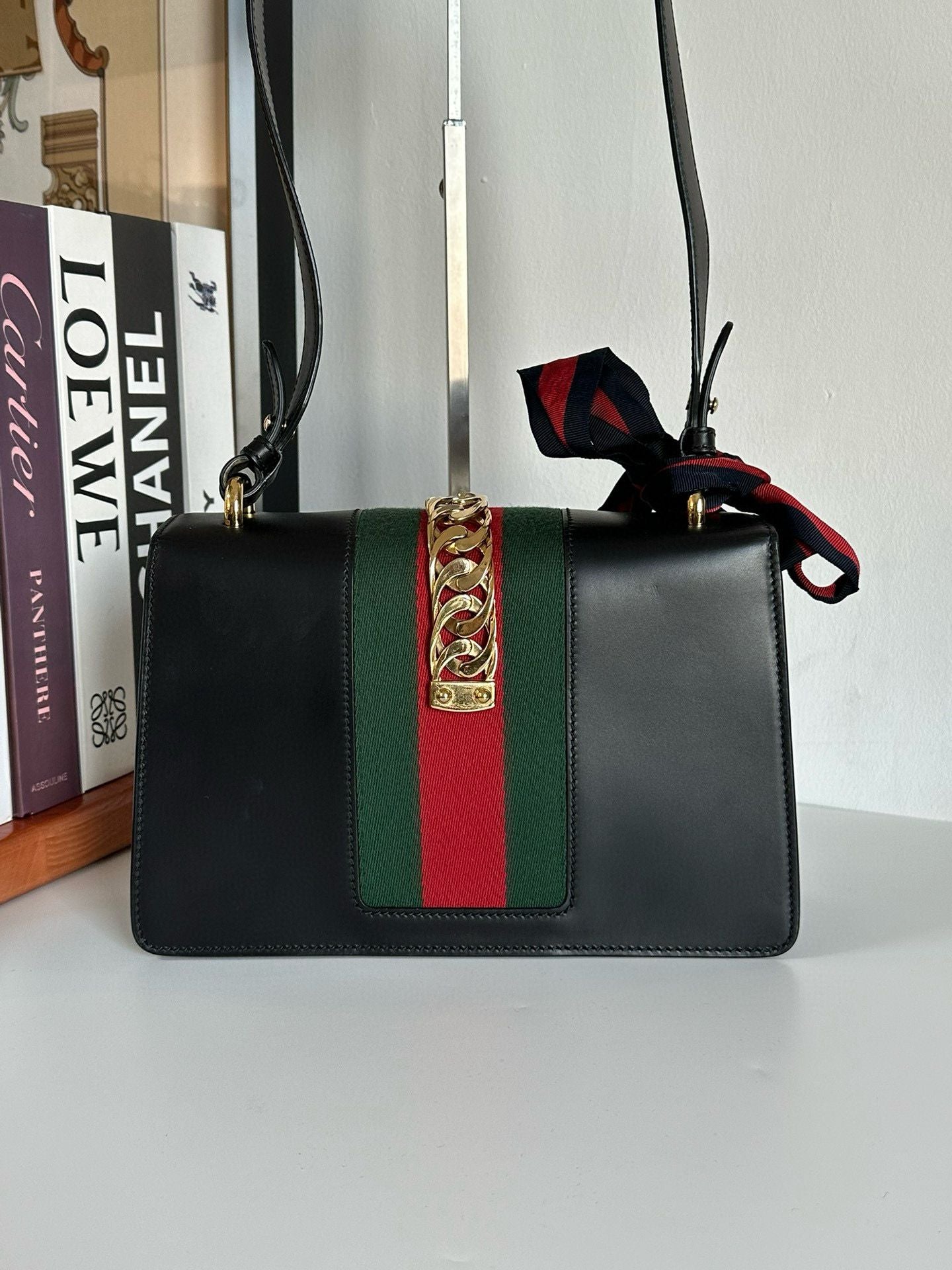 Gucci | Bags | Gucci Black Leather Small Web Sylvie Shoulder Bag #D