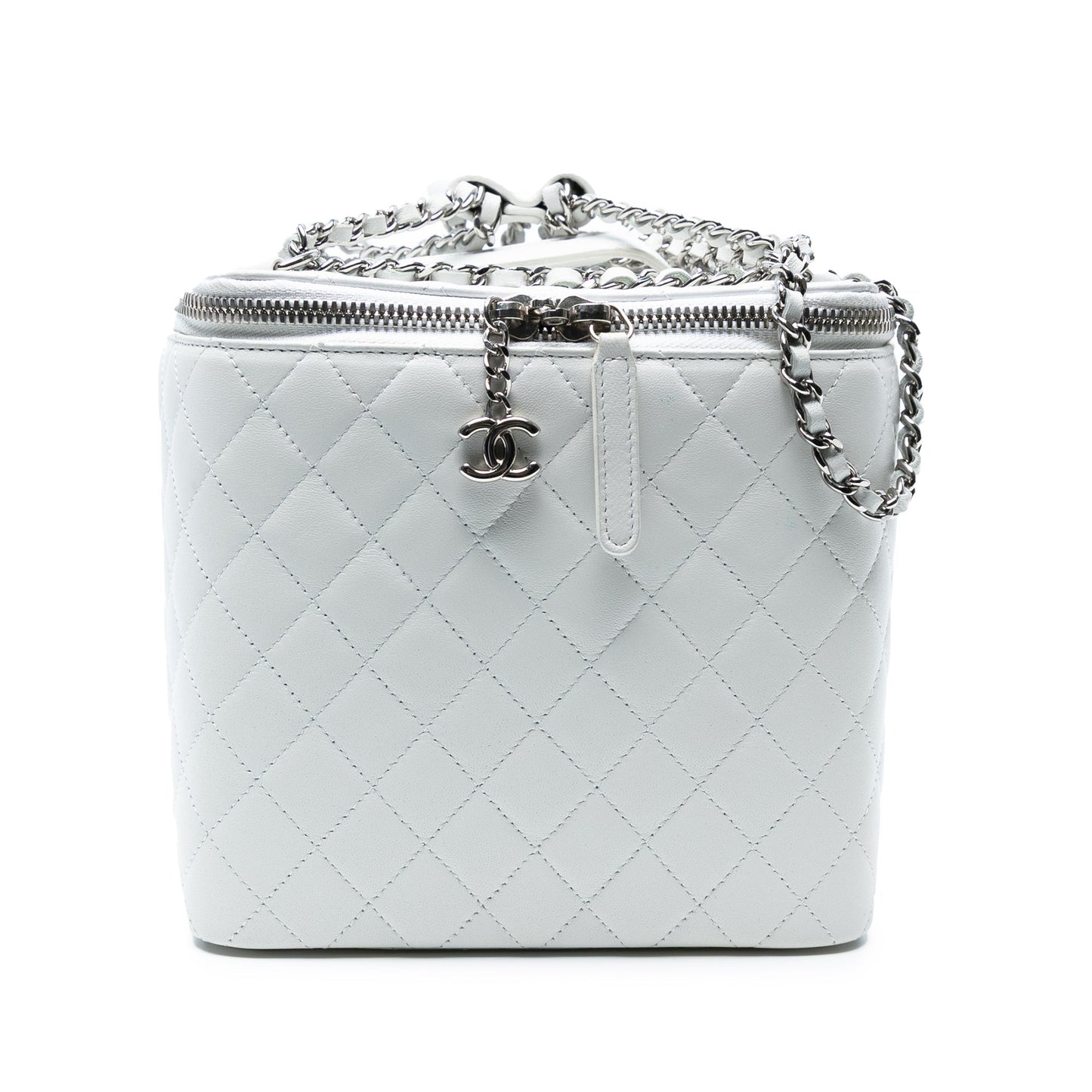 White Chanel Large Quilted Lambskin Top Handle Jewelry Box With Chain Vanity Bag