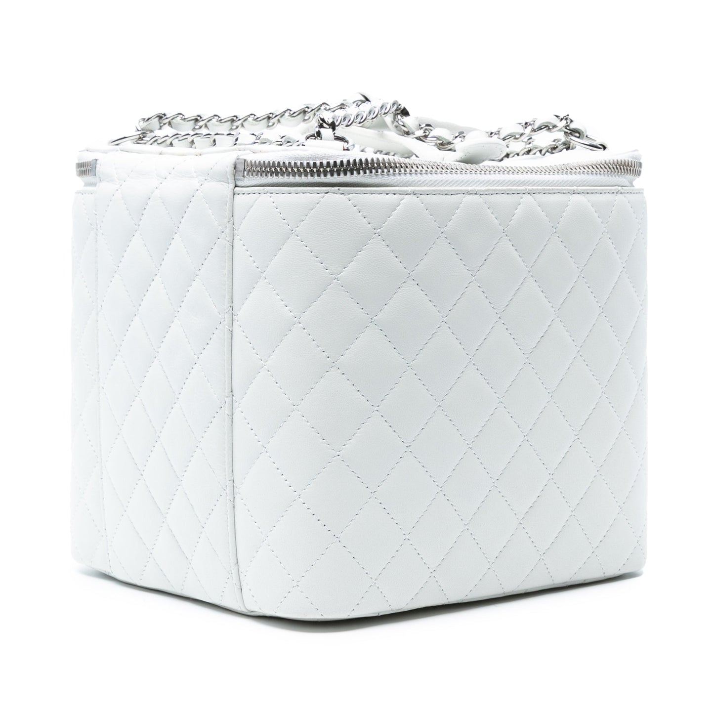 White Chanel Large Quilted Lambskin Top Handle Jewelry Box With Chain Vanity Bag