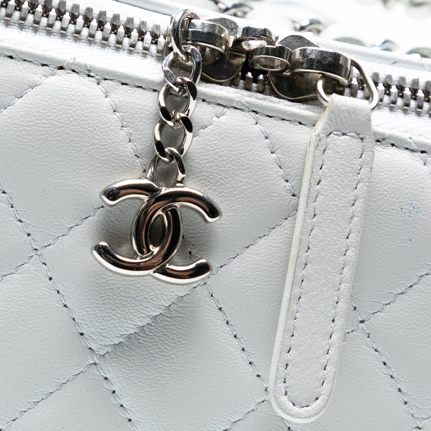 White Chanel Large Quilted Lambskin Top Handle Jewelry Box With Chain Vanity Bag