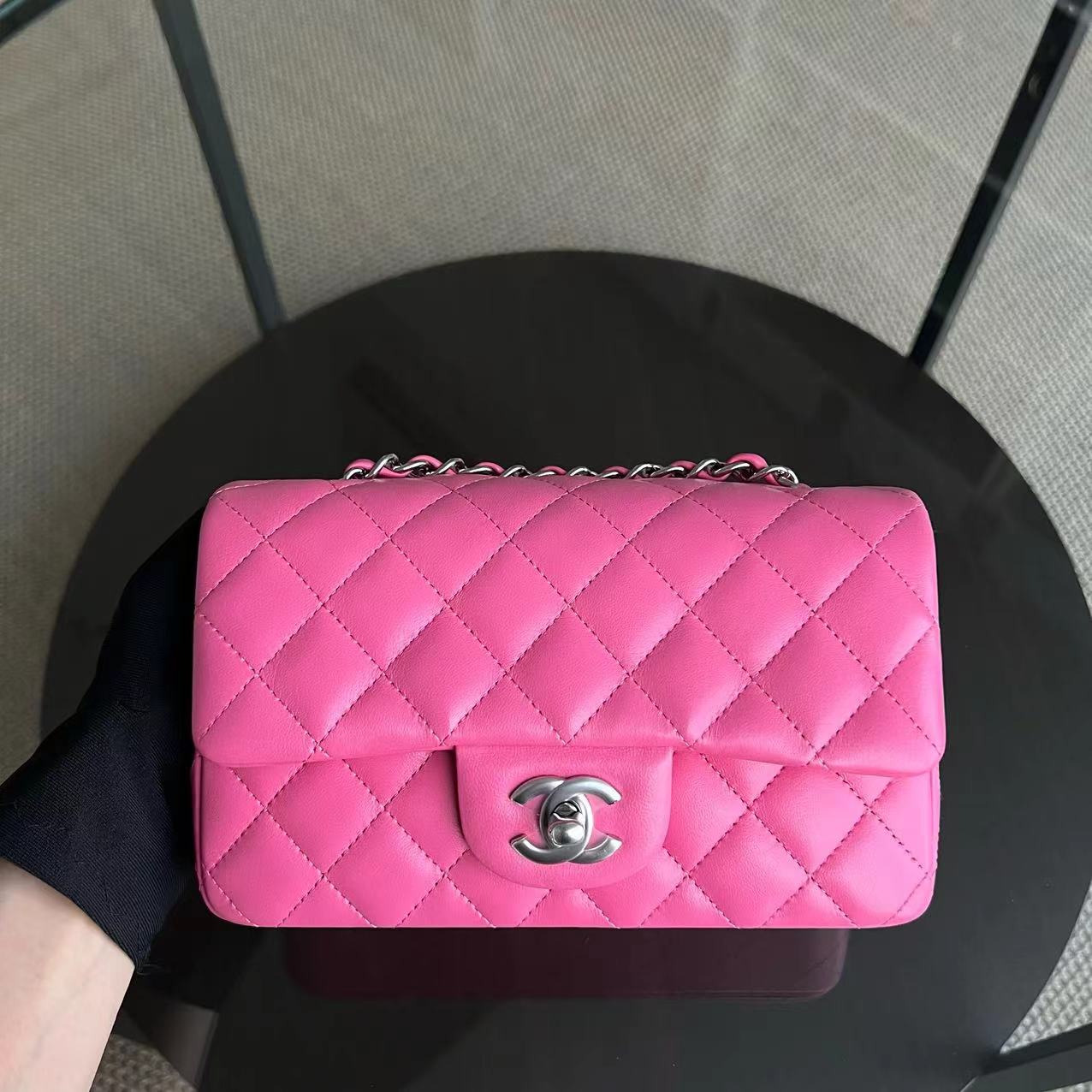 *Un d* Chanel Classic Flap Mini - 20CM Rectangle Quilted Lambskin Pink Silver Hardware Series 27