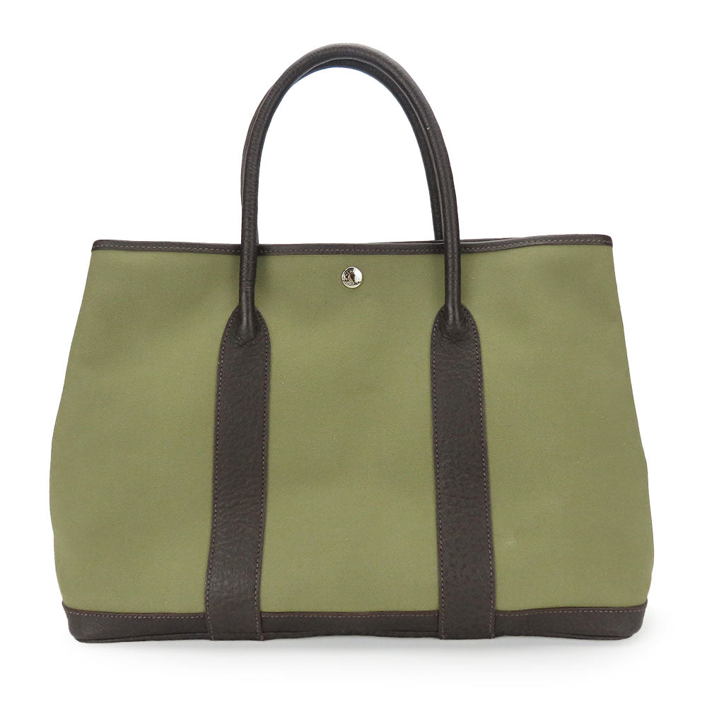 HERMES Tote Bag Canvas, Leather Khaki green Garden party PM unisex(Unisex)  d