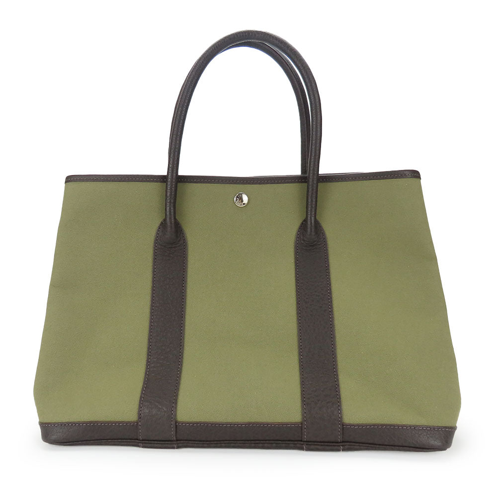 HERMES Tote Bag Canvas, Leather Khaki green Garden party PM unisex(Unisex)  d