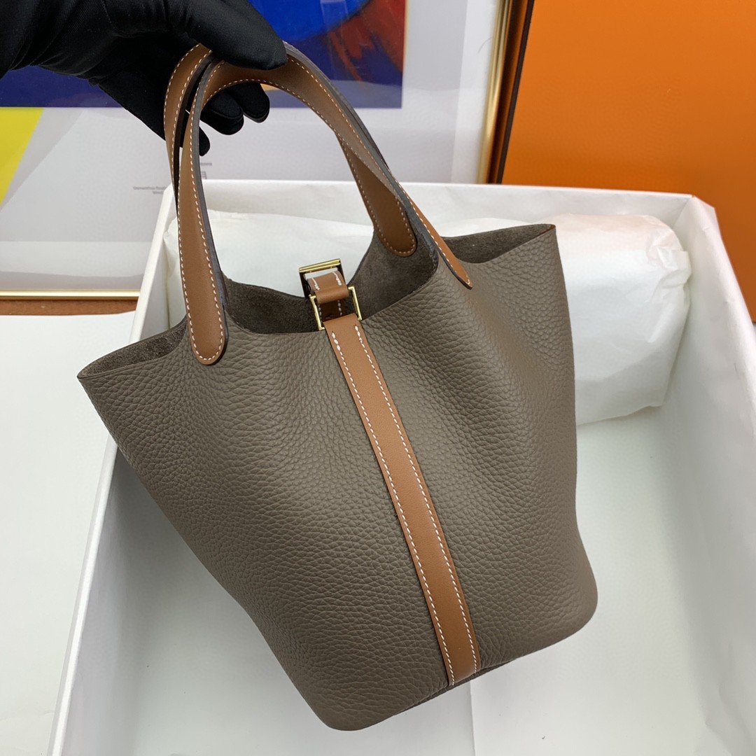Top Quality Picotin Lock 18 Bag Etoupe/Brown With Gold-Toned Hardware For Women, Handbags 7.1in/18cm