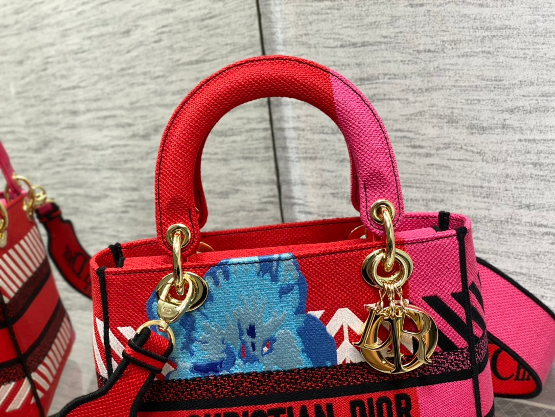 Top Quality MeTop Qualityum Lady D-Lite Bag D-Flower Pop Embroidery, Bright Pink Multicolor Handbags, 24cm CD M0565OROO_M885
