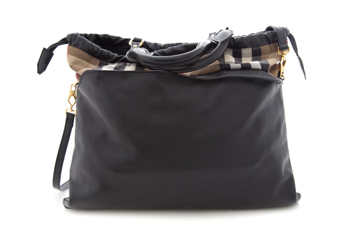 Burberry Ho  Check Big Crush Black Leather Tote Bag