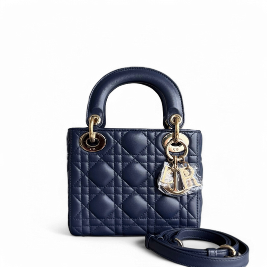 Dior Lady Mini - Cannage Lambskin Dark Blue Gold Hardware Adjustable Strap