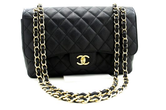 CHANEL Classic Large 11" Chain Shoulder Bag W Flap Black Caviar