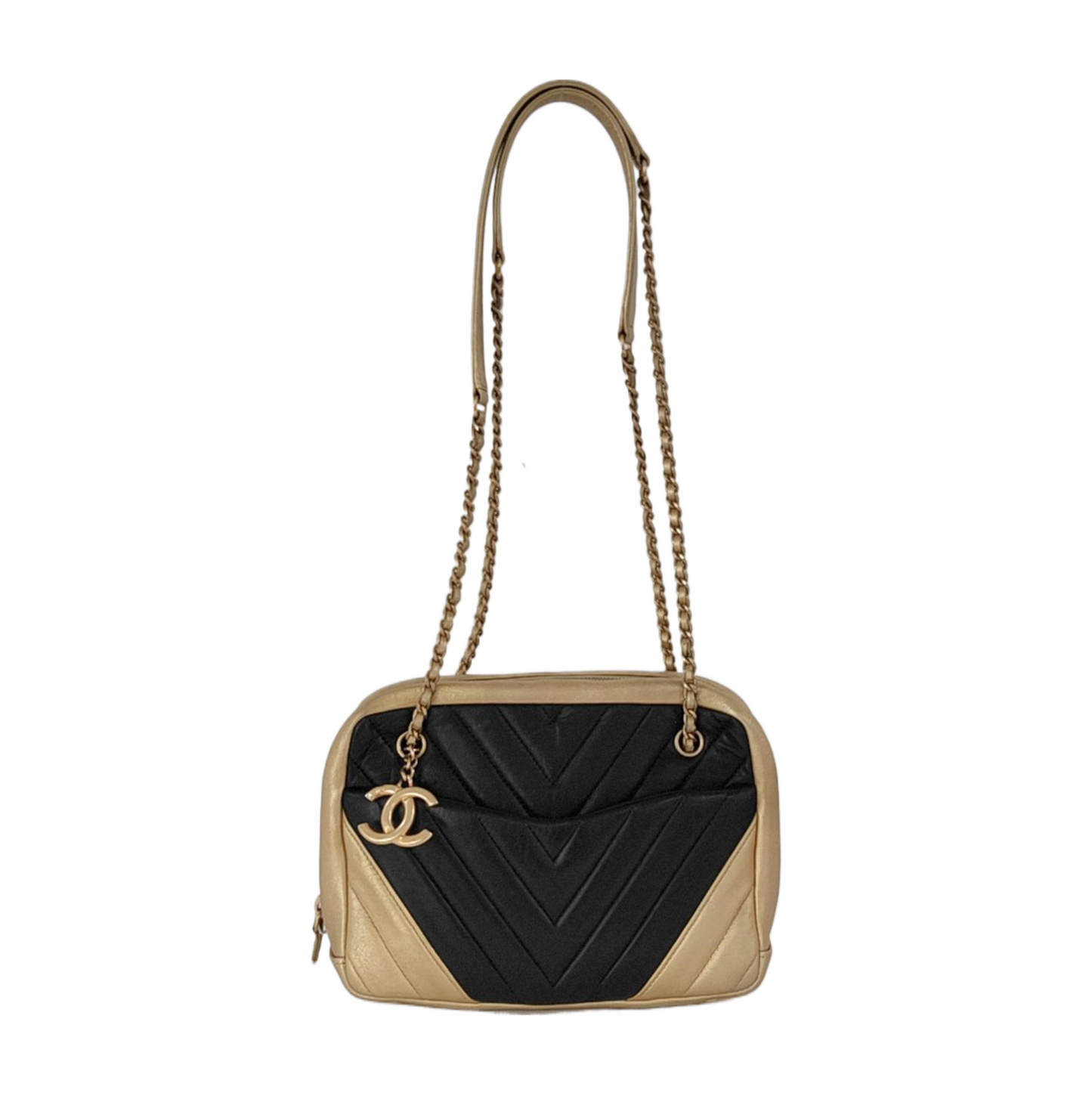 Chanel Camera Bag Chevron Stitching Black Gold Lambskin Leather Double Gold Chain, 2014