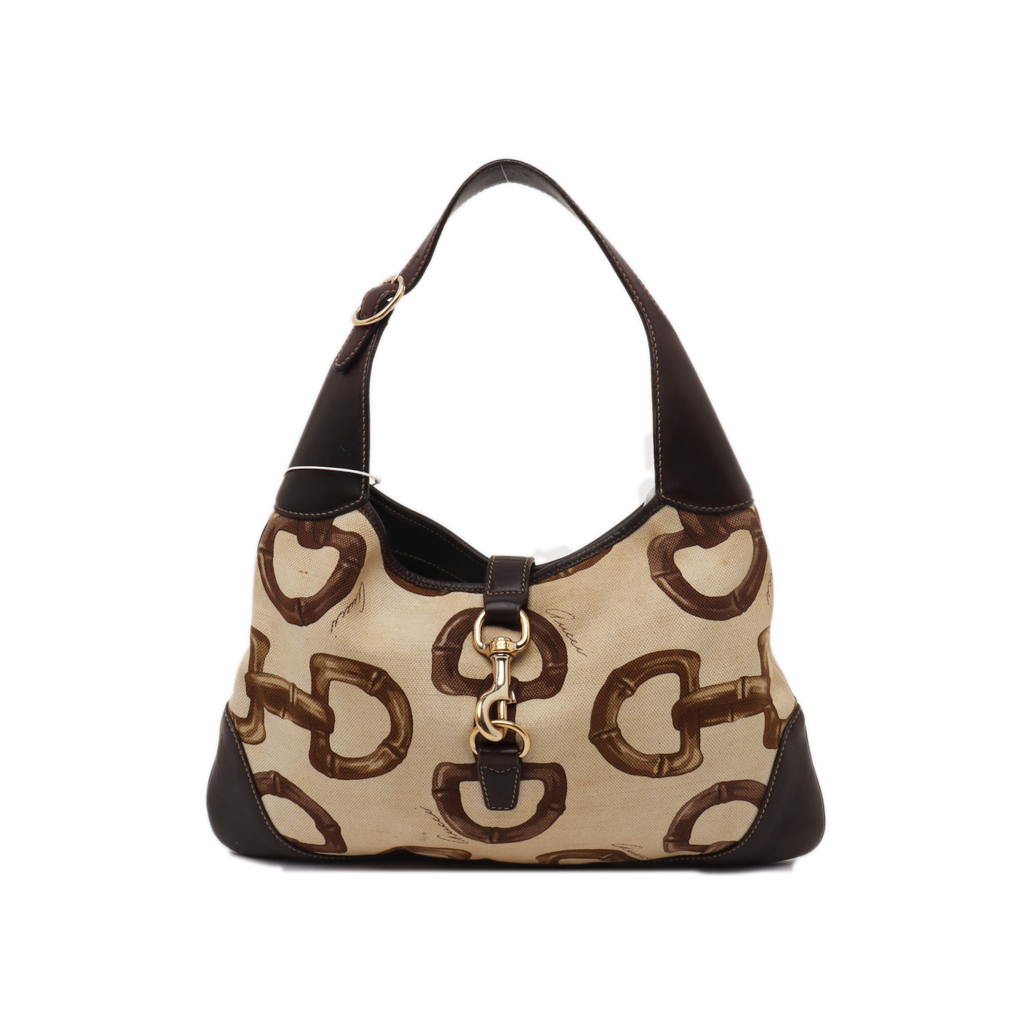 Gucci Jackie   Medium Horsebit Print Cloth and Brown Leather Gold Hardware