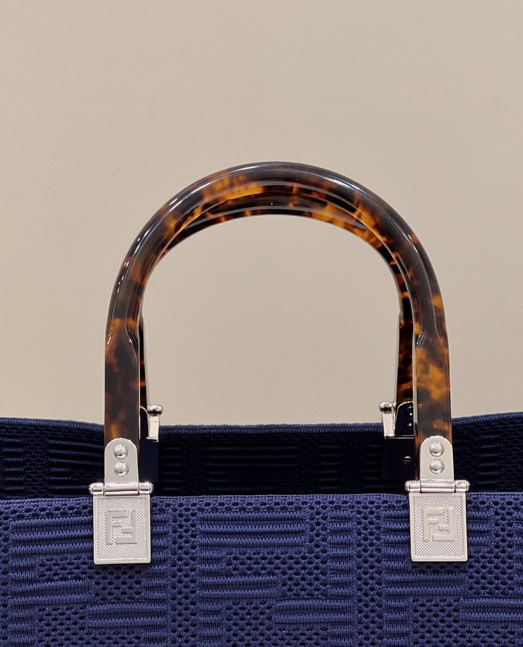 Top QualityTop Quality Sunshine Medium Navy Blue FF fabric shopper Bag For Woman 31cm/12in