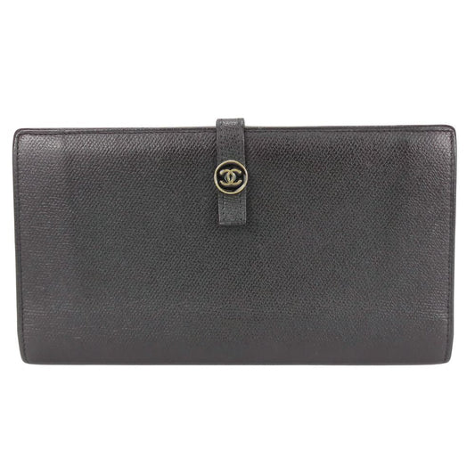 CHANEL Long Wallet Purse leather black COCO Button