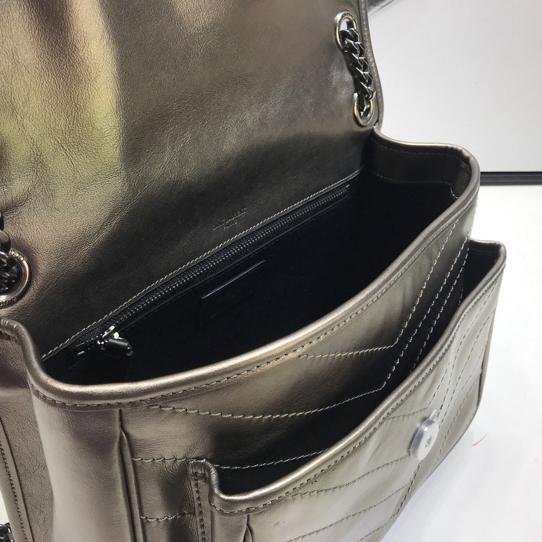 YSSL Niki Medium Chain Bag In Crinkled  Silver For Women 11in/28cm YSL 