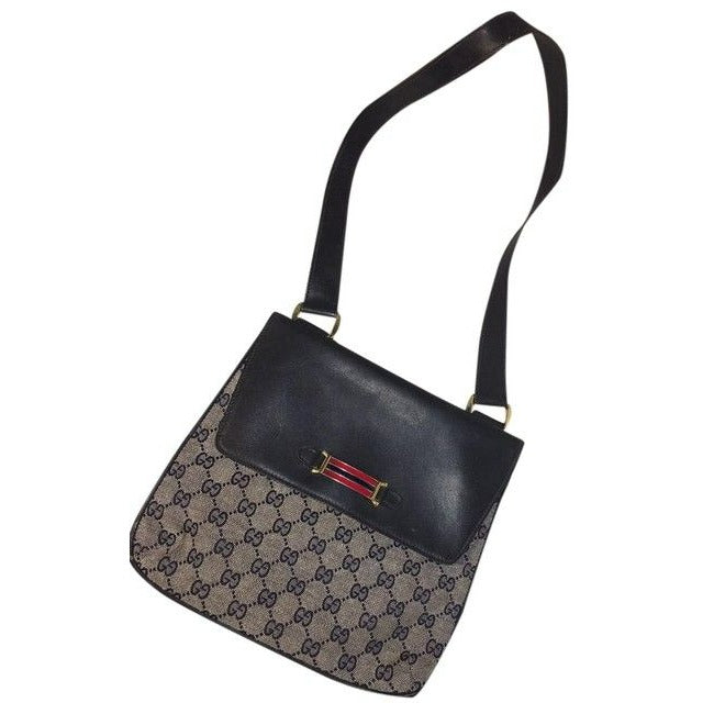 Gucci   Navy Leather And Large G Logo Print Canvas With An Enamel Accents