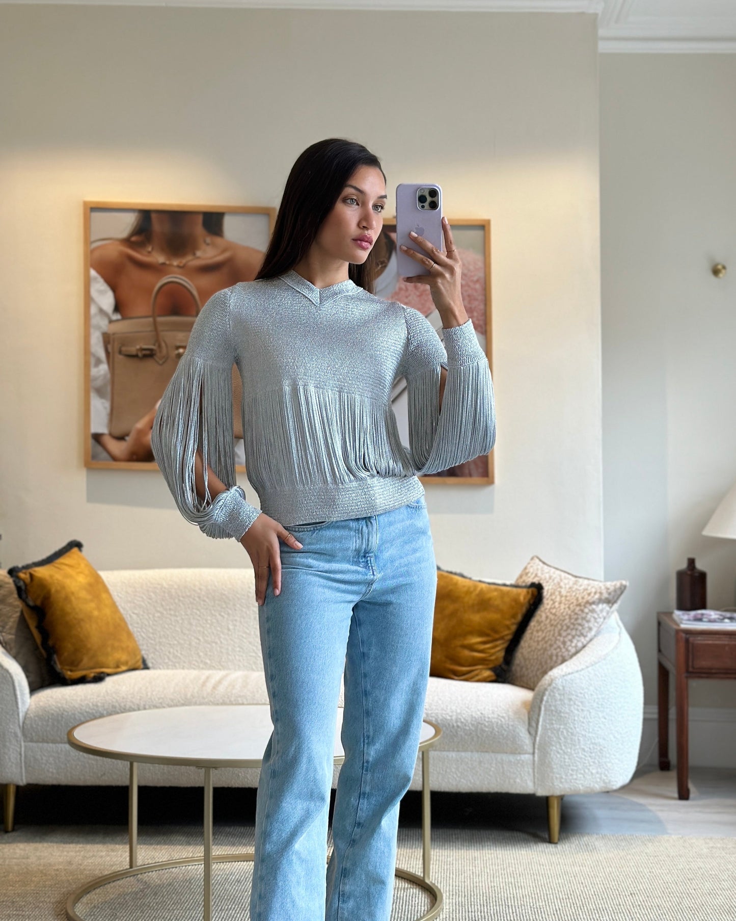 Bottega Veneta Silver Metallic Jumper with Fringe Details Size S (UK 8) RRP £1210