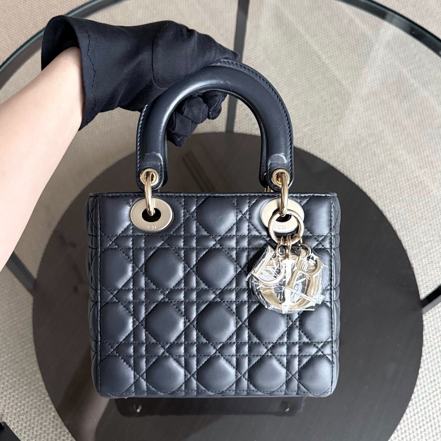 Dior Lady Small - Cannage Lambskin Dark Grey Gray Charcoal Gold Hardware