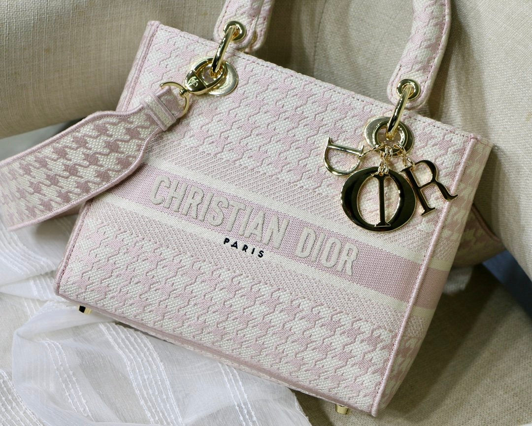 Top Quality MeTop Qualityum Lady D-Lite Bag Houndstooth Embroidery, Pink/White, For Women Womens Handbags, Shoulder Bags, Crossbody Bags, 24cm CD