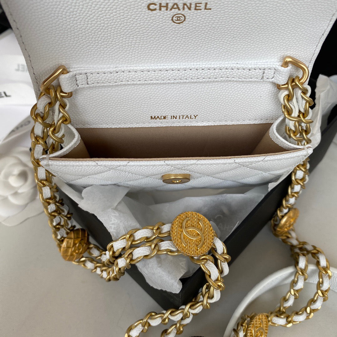 CHL Clutch With Chain Gold Hardware Grained Shinny White For Women Handbags, Shoulder Bags 4.7in/12cm AP2857