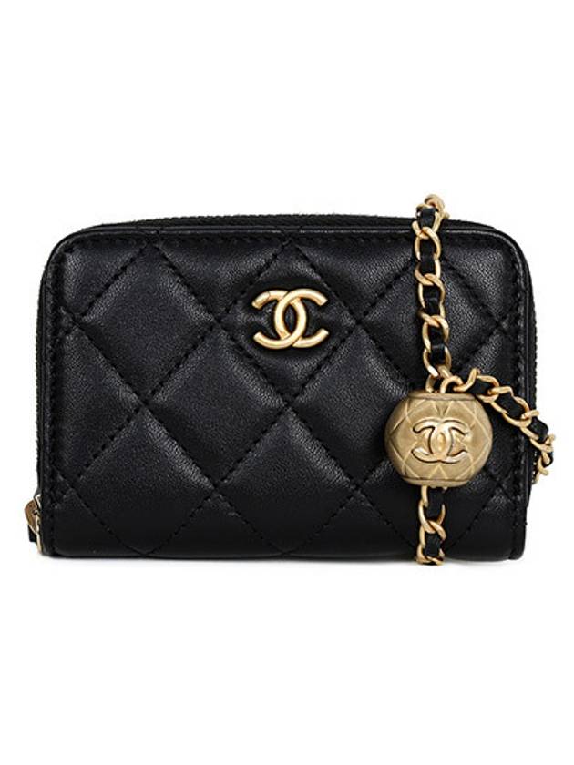 CC Logo Gold Ball Chain Lambskin Card Wallet Black Chanel