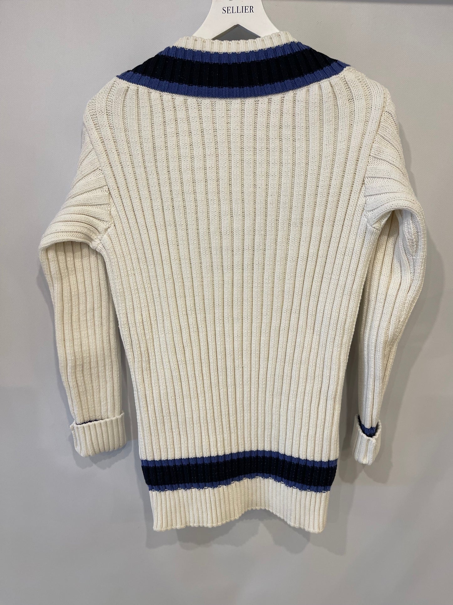 Chanel Resort 2014 White, Black and Navy V Neck Knit Jumper with CC Button Details Size FR 40 (UK 12)