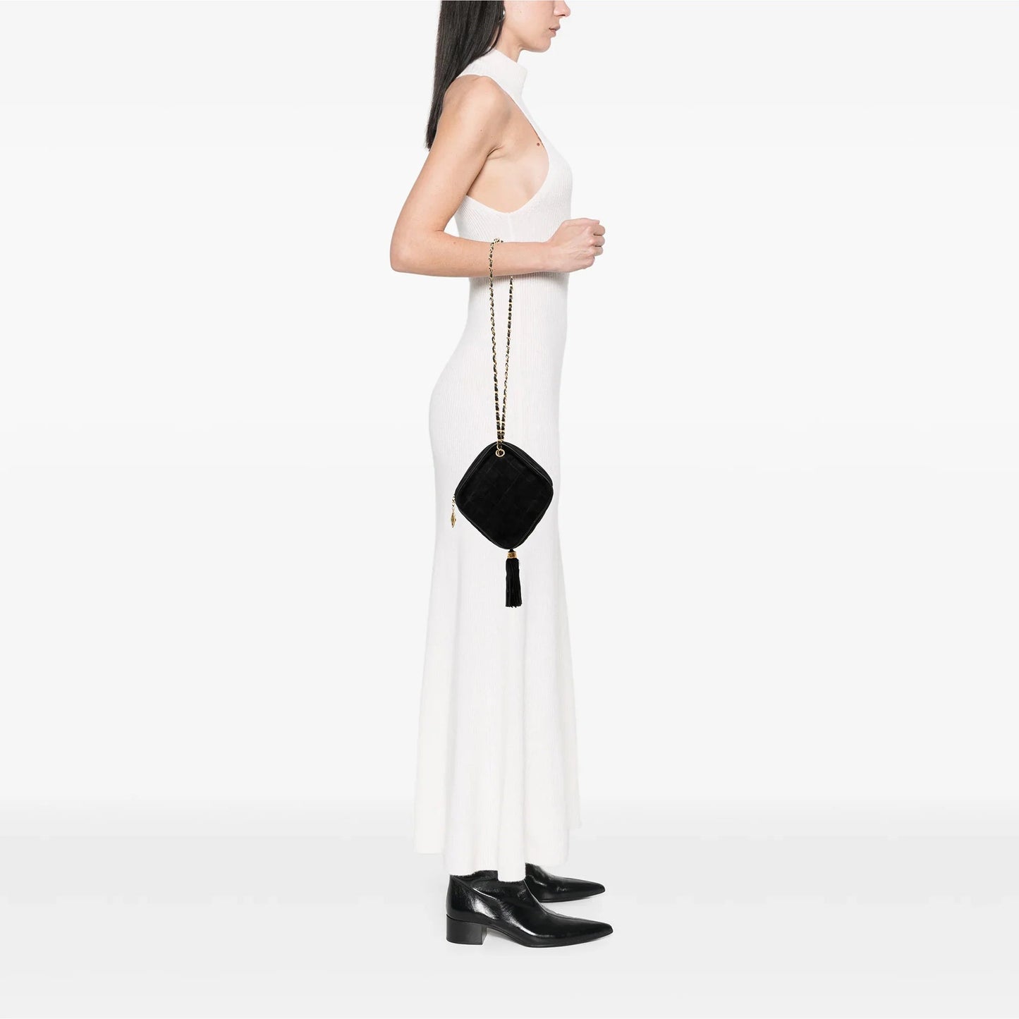 Black Chanel CC Quilted Suede Diamon Tassel Bag