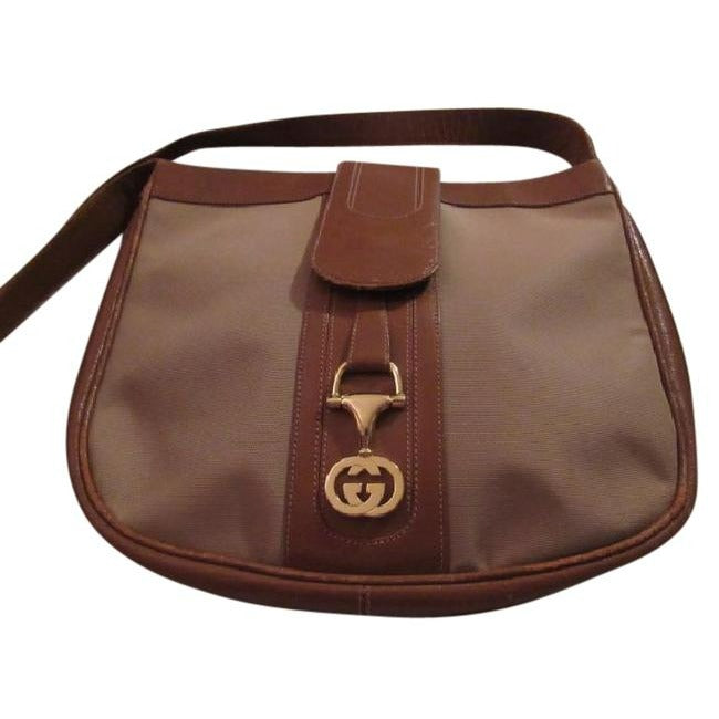 Gucci   Tan Canvas Medium Brown Leather With Elaborate Center Clasp Leather