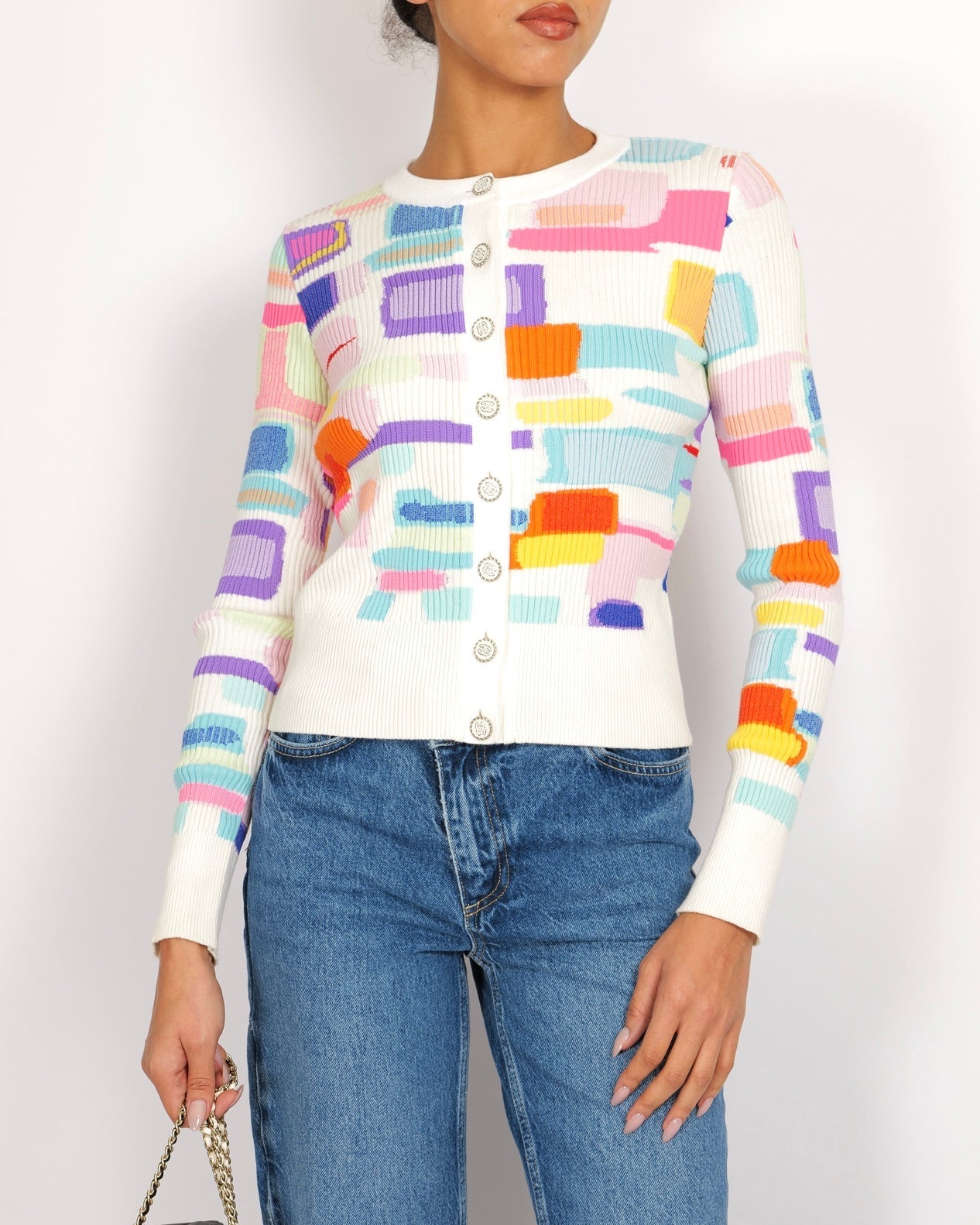 Chanel Spring 2019 White and Multi-Colour Ribbed Cardigan with Silver and White CC Logo Buttons Size FR 38 (UK 10)