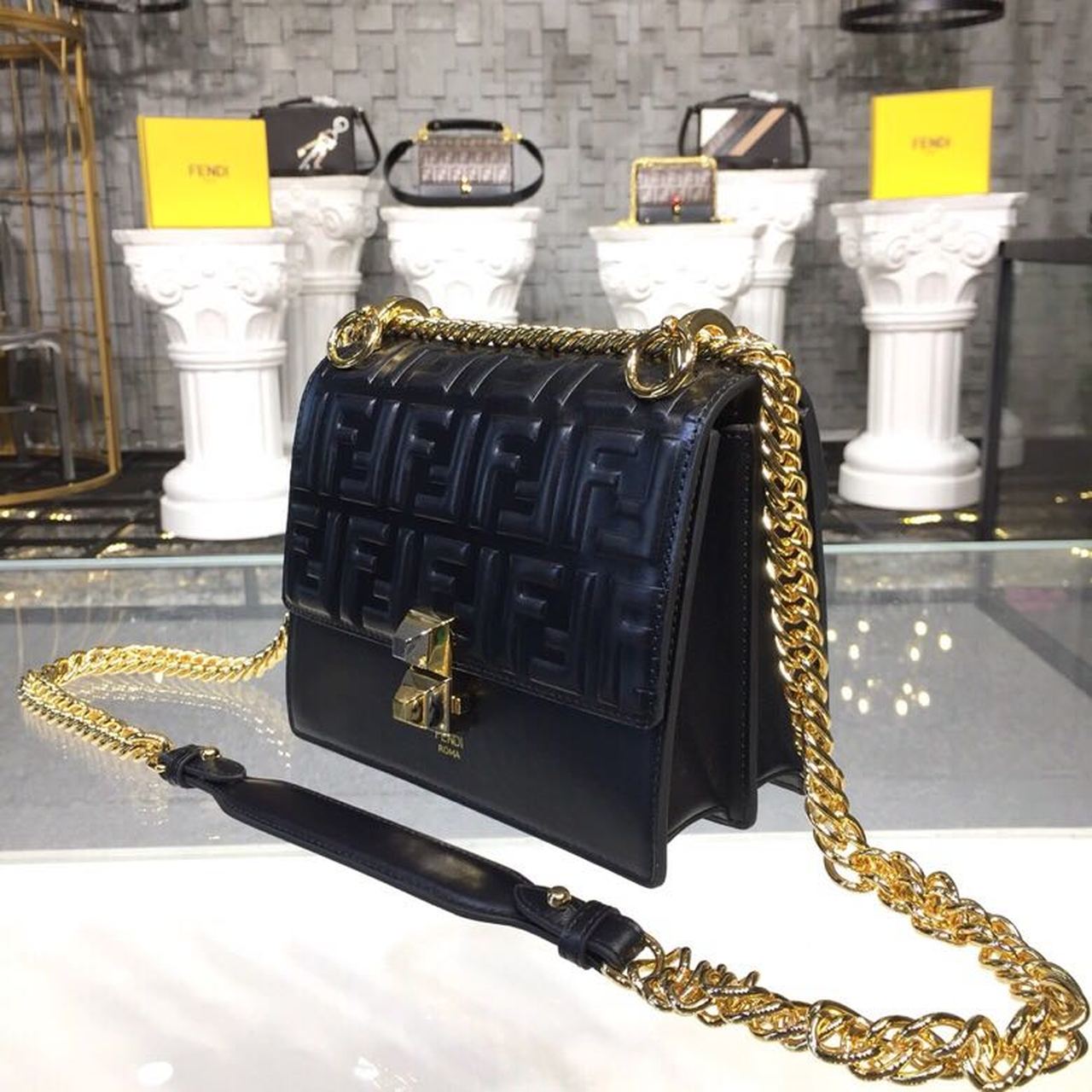 Top QualityTop Quality FF Logo Kan I Bag 9.8in/25cm With Gold Toned Chain Black For Women