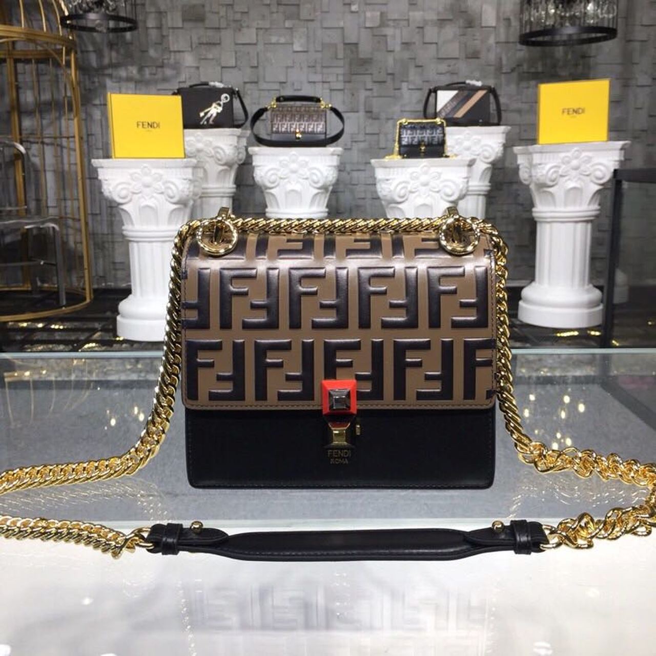 Top QualityTop Quality FF Logo Kan I Bag 7.5in/19cm With Gold Toned Chain Brown/Black For Women