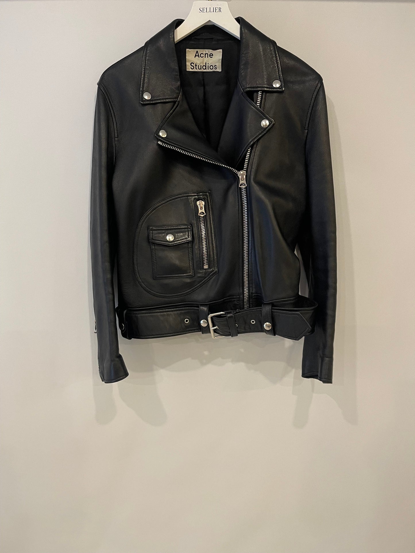 Acne Studios Black Lambskin Leather Biker Jacket with Pocket Details Size FR 36 (UK 8) RRP £1,600