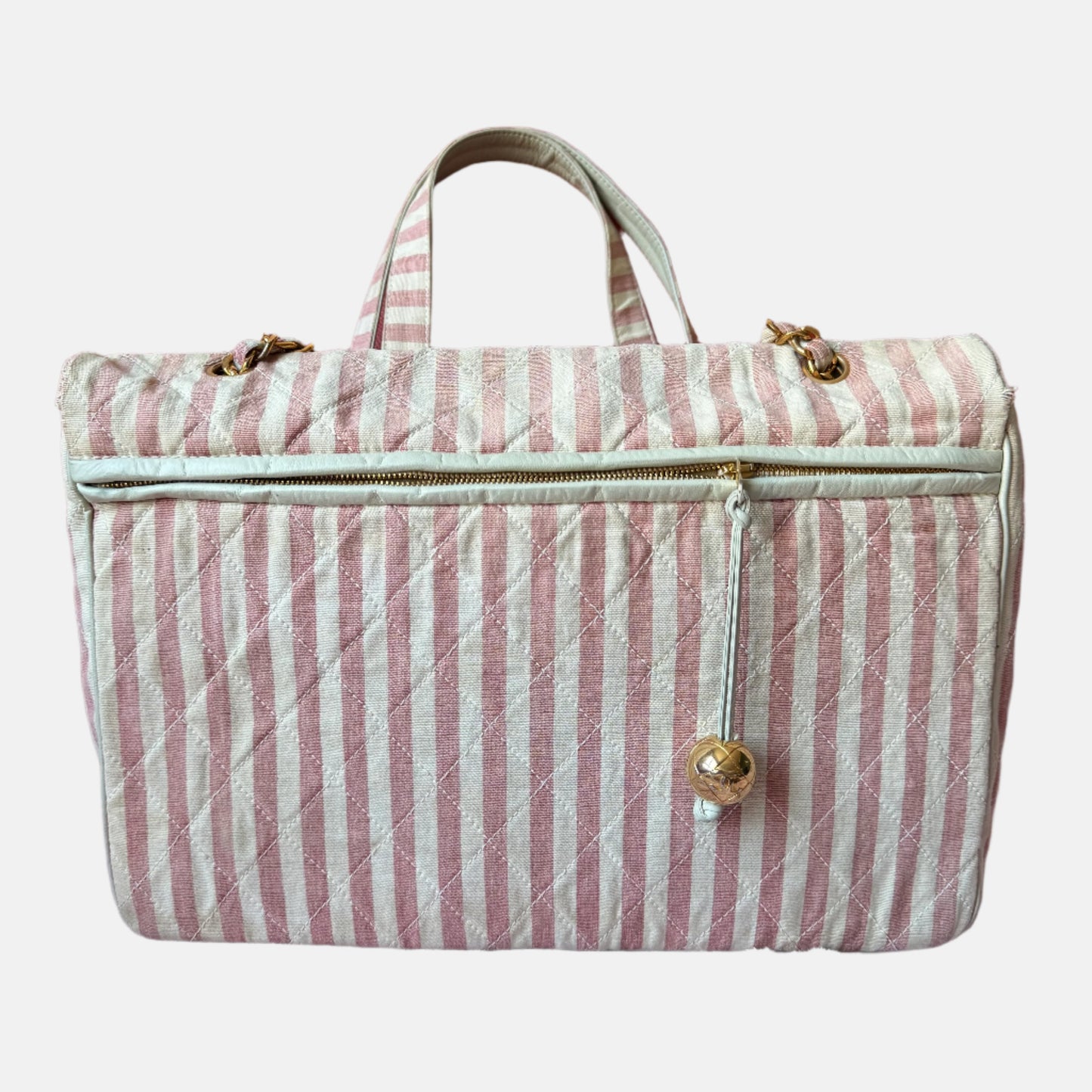 Chanel   XXL Maxi Pink Striped Travel Flap Bag Canvas Gold Hardware