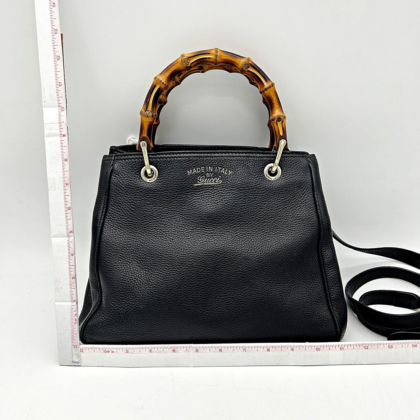 Gucci Black Pebbled Leather Bamboo Top Handle Small Shopper Tote Bag LA